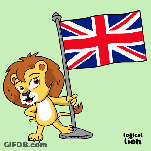 A Cartoon Of A Lion Holding A British Flag With The Words Logical Lion Below It GIF
