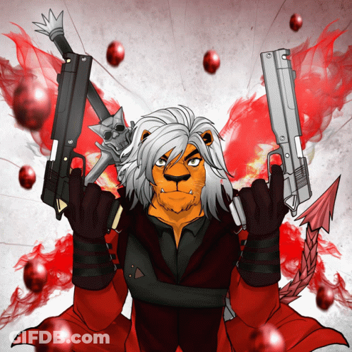 A Cartoon Of A Lion Holding Two Guns GIF