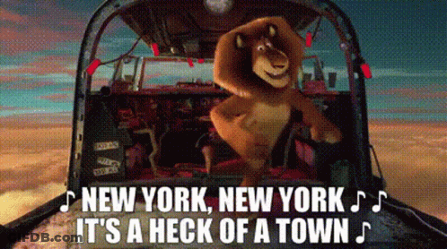 A Cartoon Of A Lion In A Car With The Words New York New York It 'S A Heck Of A Town GIF