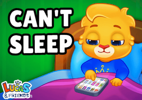 A Cartoon Of A Lion Laying In Bed With The Words Can 'T Sleep GIF