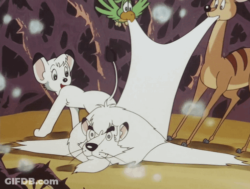 A Cartoon Of A Lion Laying On Its Back With A Bird On Its Head GIF