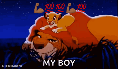 A Cartoon Of A Lion Laying On Top Of Another Lion With The Words " My Boy " Below It GIF