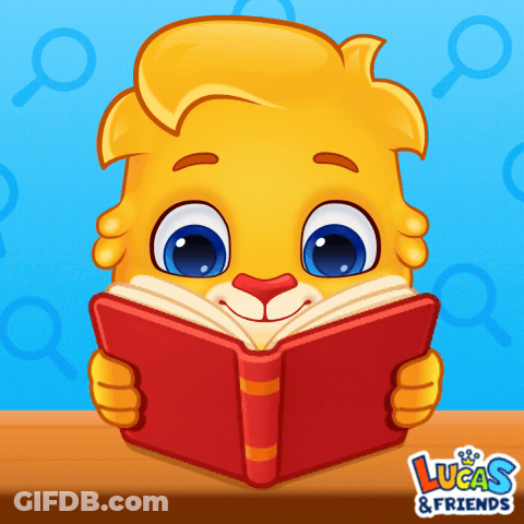 A Cartoon Of A Lion Reading A Book With Lucas & Friends Written On The Bottom Right GIF