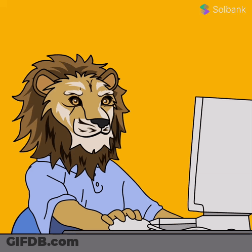 Cartoon Lion Sitting At Desk With Solbank GIF