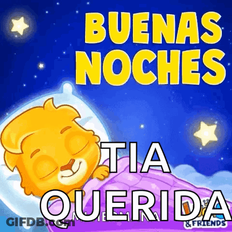 A Cartoon Of A Lion Sleeping In A Bed With The Words Buenas Noches Tia Querida Written On It . GIF