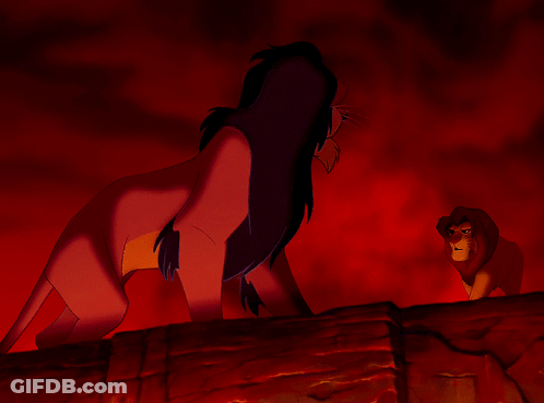 A Cartoon Of A Lion Standing Next To Another Lion With A Red Background GIF
