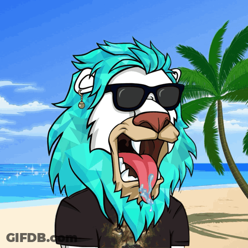 A Cartoon Of A Lion With Blue Hair And Sunglasses GIF