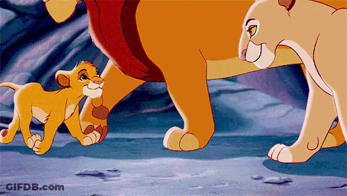 A Cartoon Of A Lioness Standing Next To A Baby Lioness GIF