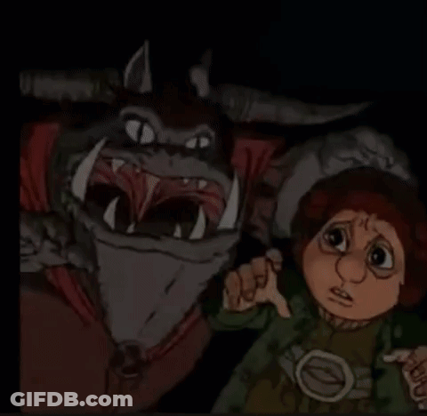 A Cartoon Of A Little Boy Standing Next To A Large Monster . GIF