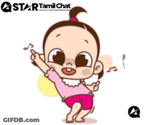 A Cartoon Of A Little Girl Dancing With A Star Tamil Chat Logo Behind Her GIF