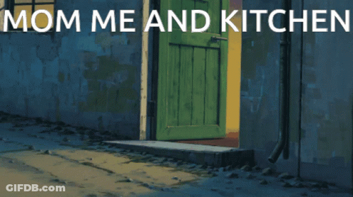 A Cartoon Of A Little Girl Holding A Broom With The Words Mom Me And Kitchen Above Her GIF