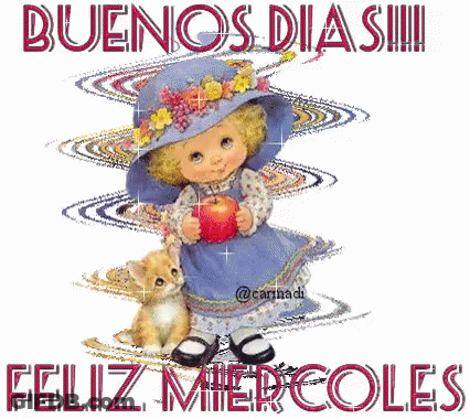 A Cartoon Of A Little Girl Holding An Apple And A Cat With The Words Buenos Dias Feliz Miercoles GIF