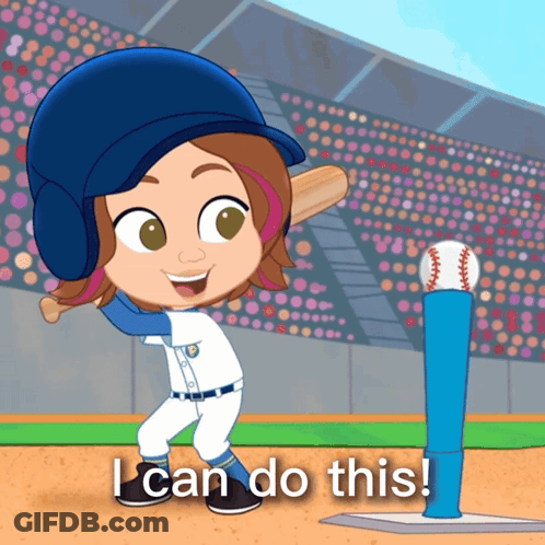 A Cartoon Of A Little Girl Playing Baseball With The Words I Can Do This Below Her GIF