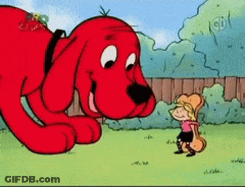 A Cartoon Of A Little Girl Standing Next To A Giant Red Dog GIF