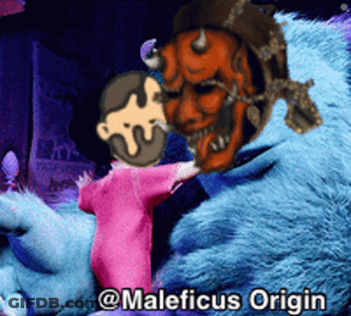A Cartoon Of A Little Girl Standing Next To A Monster With Maleficus Origin Written Below It GIF