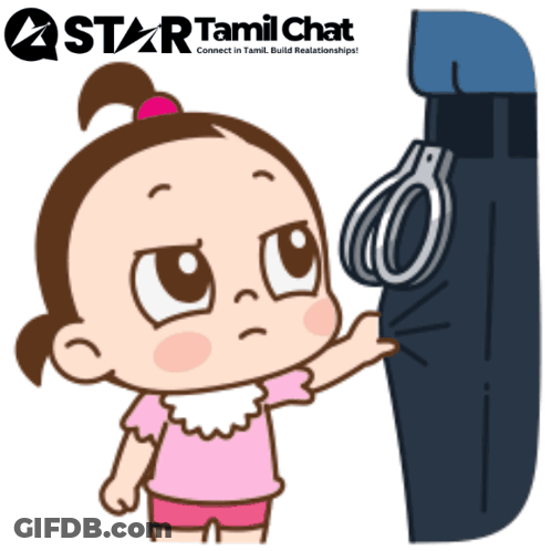 A Cartoon Of A Little Girl With A Handcuff On A Sign That Says Star Tamil Chat GIF