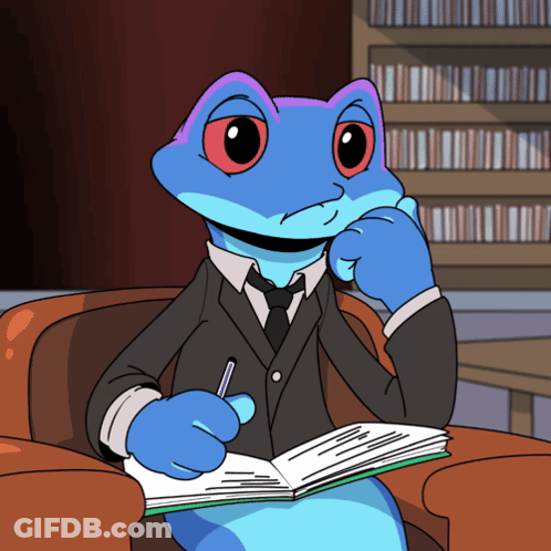 A Cartoon Of A Lizard In A Suit And Tie Sitting In A Chair Writing In A Notebook GIF