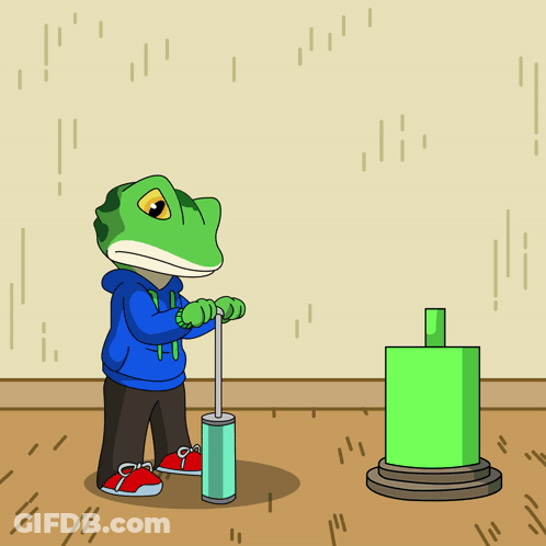 A Cartoon Of A Lizard Pumping A Green Cylinder GIF