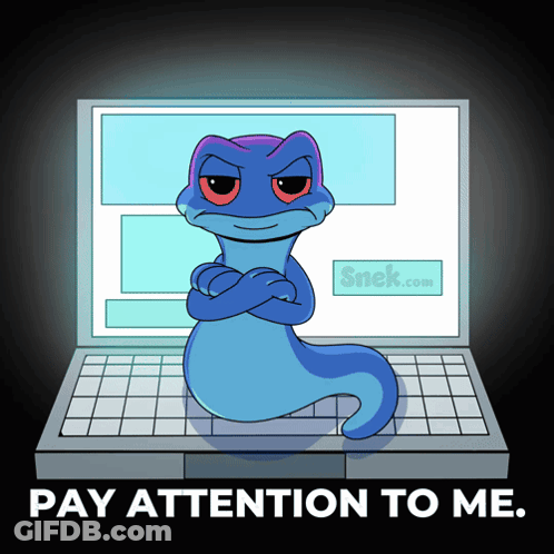 A Cartoon Of A Lizard Sitting In Front Of A Laptop With The Words Pay Attention To Me GIF