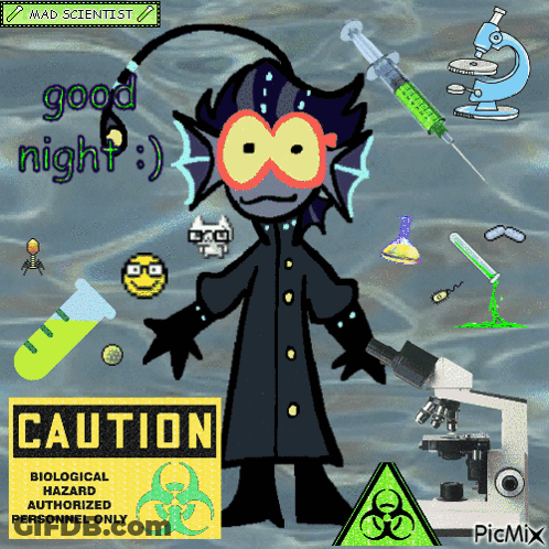 A Cartoon Of A Mad Scientist With A Biological Hazard Sign GIF