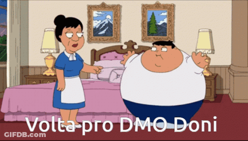 A Cartoon Of A Maid Pointing At A Fat Man With The Words Volta Pro Dmo Doni GIF