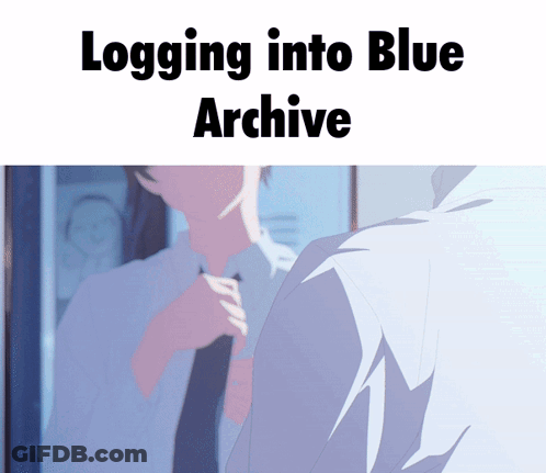 A Cartoon Of A Man Adjusting His Tie With The Words Logging Into Blue Archive Below Him GIF