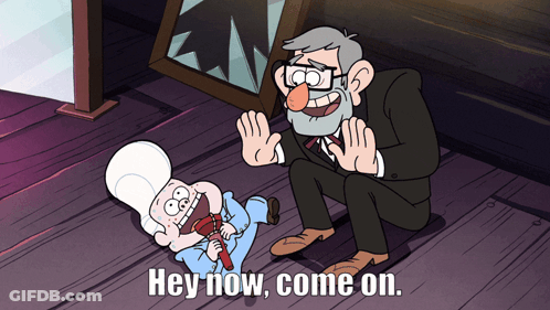 A Cartoon Of A Man And A Baby With The Words Hey Now Come On GIF