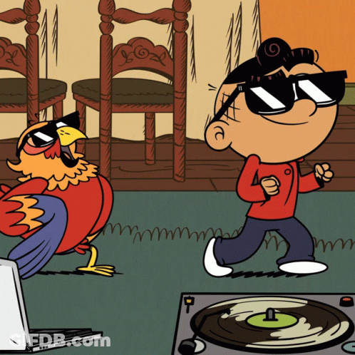 A Cartoon Of A Man And A Bird Dancing GIF