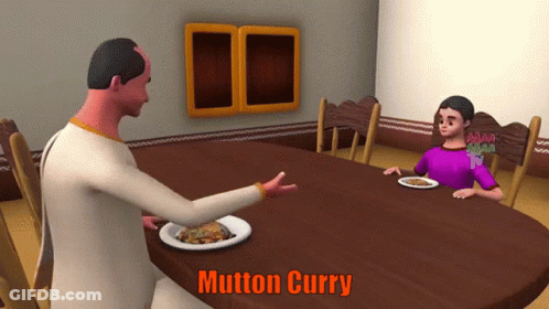 A Cartoon Of A Man And A Boy Sitting At A Table With A Plate Of Mutton Curry On The Table GIF