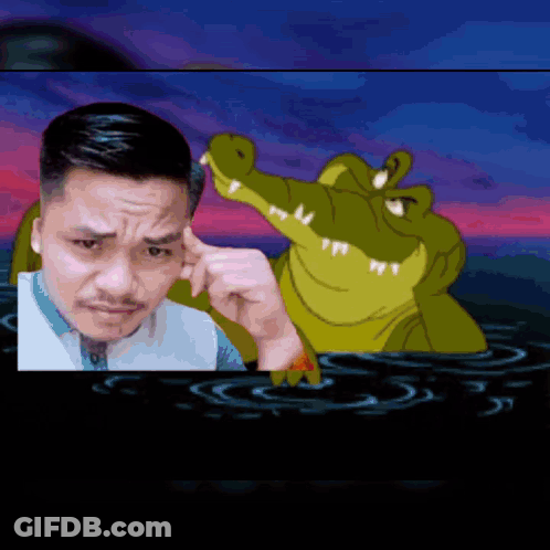 A Cartoon Of A Man And A Crocodile With A Sunset In The Background GIF