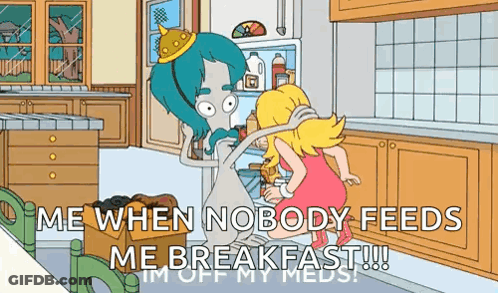 A Cartoon Of A Man And A Girl In A Kitchen With The Words Me When Nobody Feeds Me Breakfast GIF
