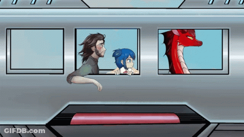 A Cartoon Of A Man And A Girl Looking Out A Window With A Red Dragon Behind Them GIF