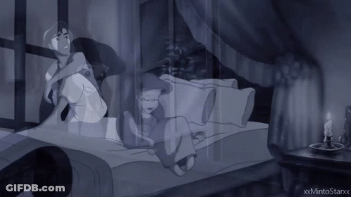 A Cartoon Of A Man And A Girl Sitting On A Bed GIF