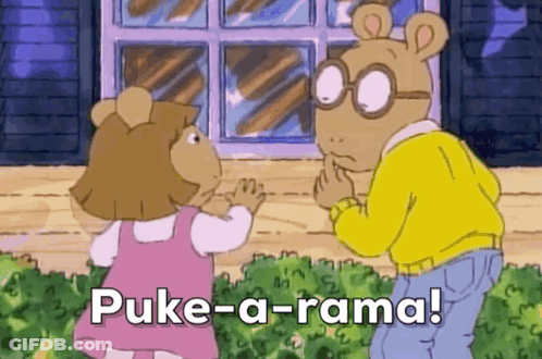 A Cartoon Of A Man And A Girl With The Words Puke-A-Rama On The Bottom GIF