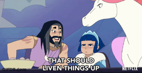 A Cartoon Of A Man And A Girl With The Words That Should Liven Things Up GIF