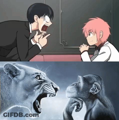 A Cartoon Of A Man And A Lion And A Cartoon Of A Chimpanzee GIF
