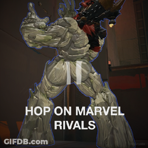 A Cartoon Of A Man And A Monster With The Words Hop On Marvel Rivals Below Them GIF