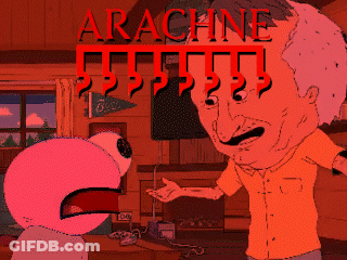 A Cartoon Of A Man And A Pink Monster With Arachne Written On The Bottom GIF