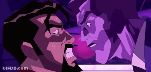 A Cartoon Of A Man And A Purple Monster Fighting GIF