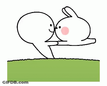 A Cartoon Of A Man And A Rabbit Hugging Each Other On A Grassy Field . GIF