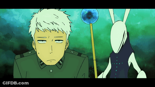 A Cartoon Of A Man And A Rabbit With A Blue Ball In The Background GIF