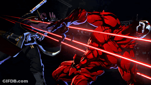 A Cartoon Of A Man And A Red Monster Fighting With Red Lasers GIF