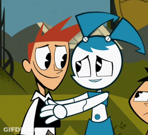 A Cartoon Of A Man And A Robot Hugging GIF