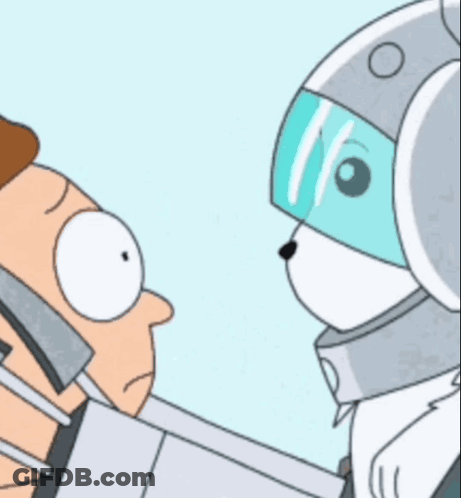 A Cartoon Of A Man And A Robot Looking At Each Other GIF
