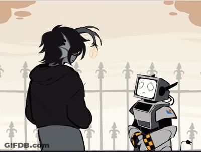 A Cartoon Of A Man And A Robot Talking GIF
