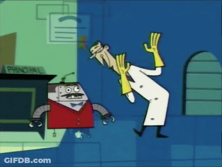 A Cartoon Of A Man And A Robot With A Sign That Says Principal On It GIF