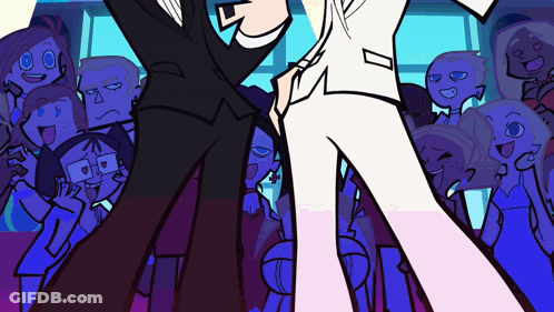 A Cartoon Of A Man And A Woman Dancing In Front Of A Crowd Of People GIF