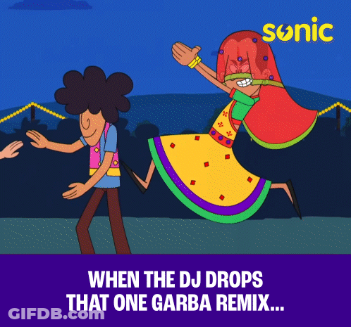 A Cartoon Of A Man And A Woman Dancing With The Words " When The Dj Drops That One Garba Remix " Below Them GIF