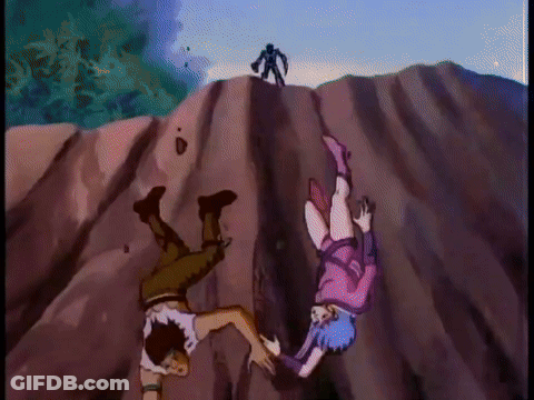 A Cartoon Of A Man And A Woman Falling Off A Mountain GIF