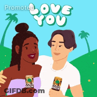 A Cartoon Of A Man And A Woman Holding Cans Of Cold Brew GIF